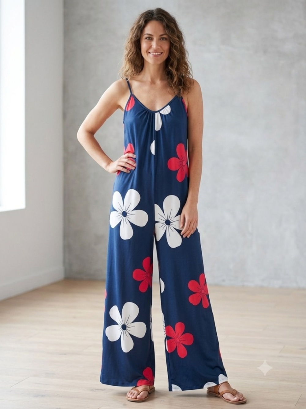 Women’s Navy Floral Wide-Leg Jumpsuit